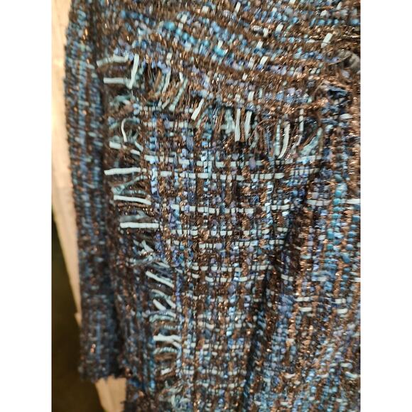 Anne Klein Women's Open woven fringed fully lined Blue tweed metallic Jacket 12 - Picture 7 of 12